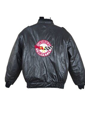 Vintage 80s Chevy Corvette Black Bomber Jacket Patches Mens Size XL Quilted